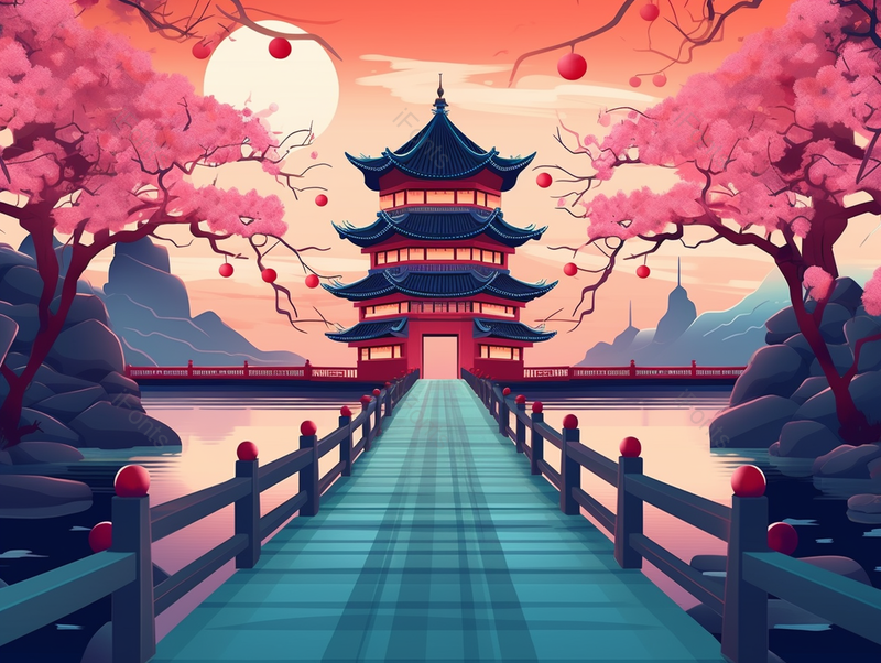 国风西湖景色柳树粉色的桃花梅花盛开古桥古风建筑远处山峰太阳背景插画,插画/手绘图,插画/手绘图库,插画/手绘图下载,插画/手绘